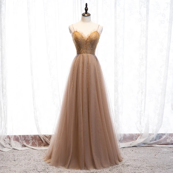 Fashion Champagne Evening Dresses 2020 A-Line / Princess Scoop Neck Beading Crystal Rhinestone Sleeveless Backless Floor-Length / Long Formal Dresses