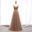 Fashion Champagne Evening Dresses  2020 A-Line / Princess Scoop Neck Beading Crystal Rhinestone Sleeveless Backless Floor-Length / Long Formal Dresses