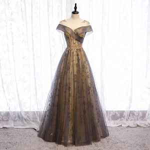 Eleganta Champagne Aftonklänningar 2020 Prinsessa Urringning Beading Paljetter Spets Blomma Korta Ärm Halterneck Långa Formella Klänningar