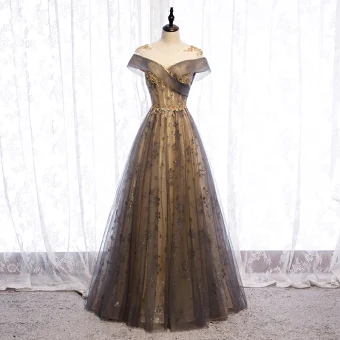 Elegant Champagne Evening Dresses 2020 A Line Princess Scoop Neck Beading Sequins Lace Flower Short Sleeve Backless Floor Length Long Formal Dresses