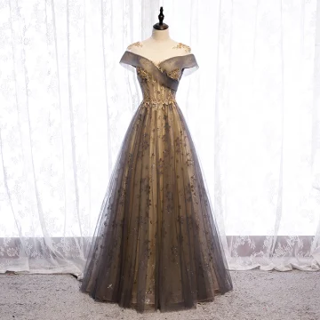 Elegant Champagne Evening Dresses 2020 A Line Princess Scoop Neck Beading Sequins Lace Flower Short Sleeve Backless Floor Length Long Formal Dresses