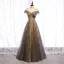 Elegant Champagne Evening Dresses  2020 A-Line / Princess Scoop Neck Beading Sequins Lace Flower Short Sleeve Backless Floor-Length / Long Formal Dresses