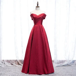 Élégant Bordeaux Robe De Soirée 2020 Princesse Satin De L 039 Épaule Manches Courtes Dos Nu Longue Robe De Ceremonie