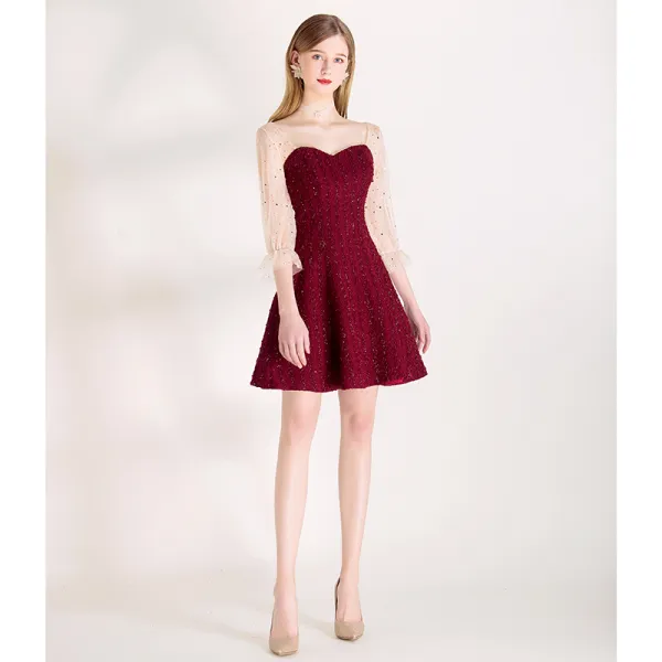 Sexy Burgundy Star Sequins Party Dresses 2020 A-Line / Princess Square Neckline Bell sleeves Backless Short Formal Dresses