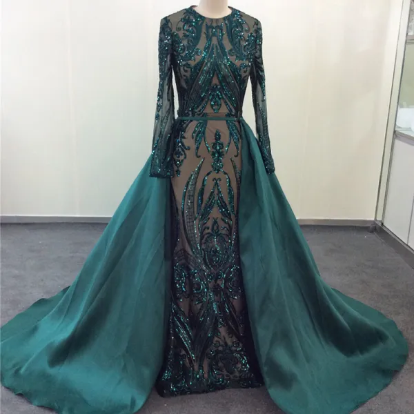 Vintage / Retro Dark Green Evening Dresses  2020 Trumpet / Mermaid Scoop Neck Lace Sequins Long Sleeve Court Train Formal Dresses