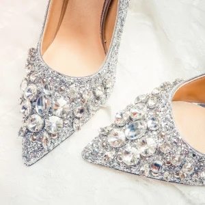 Scintillantes Argenté Chaussure De Mariée 2020 Cuir Faux Diamant Paillettes 10 Cm Talons Aiguilles À Bout Pointu Mariage Escarpins