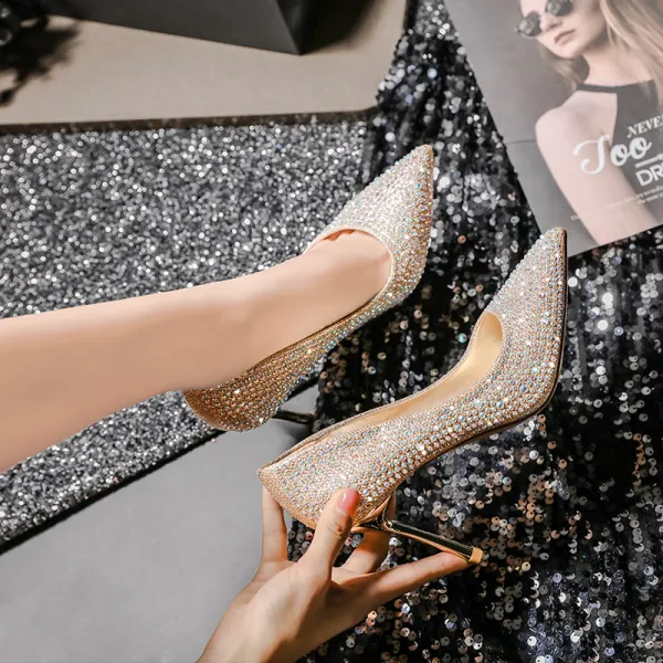 Sparkly Gold Crystal Wedding Shoes 2020 Leather Rhinestone 8 cm Stiletto Heels Pointed Toe Wedding Pumps