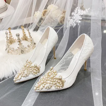 Charming Ivory Lace Wedding Shoes 2020 Leather Pearl Rhinestone 10 Cm Stiletto Heels Pointed Toe Wedding Pumps