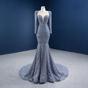 Haut De Gamme Gris Perlage Perle Faux Diamant Robe De Soirée 2021 Trompette Sirène Encolure Dégagée Paillettes Manches Longues Tribunal Train Soirée Robe De Ceremonie