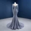 High-end Grey Beading Pearl Rhinestone Evening Dresses  2021 Trumpet / Mermaid Scoop Neck Sequins Long Sleeve Court Train Evening Party Formal Dresses