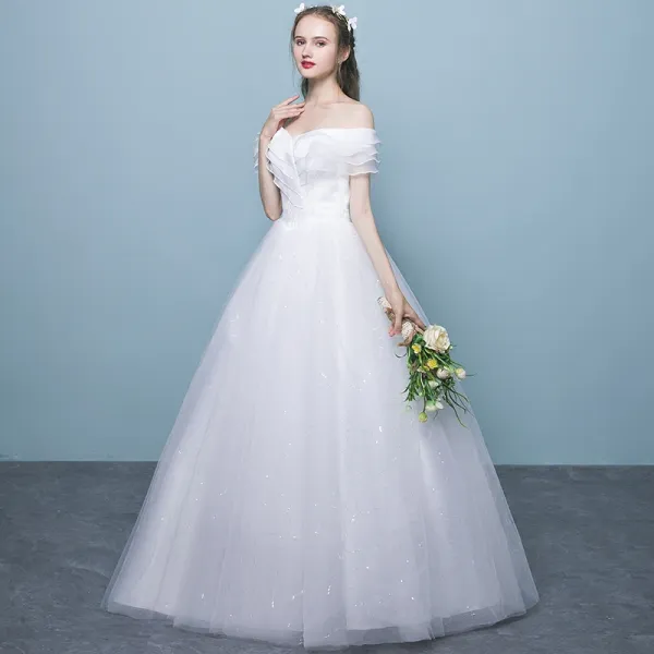 Affordable White Wedding Dresses 2018 Ball Gown Lace Off-The-Shoulder Backless Short Sleeve Floor-Length / Long Wedding