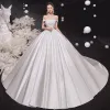 High-end Ivory Satin Wedding Dresses 2020 Ball Gown Off-The-Shoulder Pearl Lace Flower Sleeveless Backless Cathedral Train