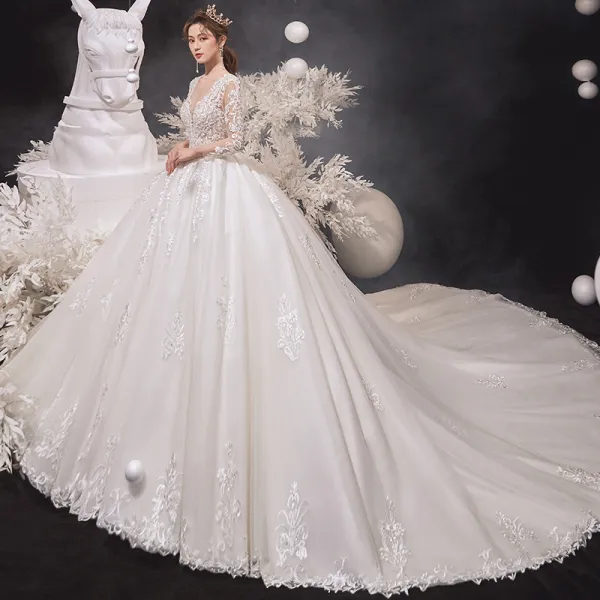 Luxury / Gorgeous Ivory Wedding Dresses 2020 Ball Gown Scoop Neck Beading Lace Flower Long Sleeve Backless Cathedral Train