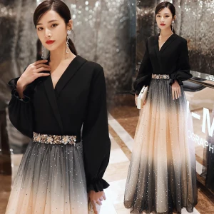 Mode Noire Robe De Soirée 2020 Princesse V Cou Étoile Paillettes Faux Diamant Manches Longues Longue Robe De Ceremonie