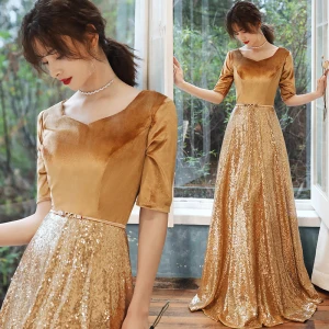 Sparkly Gold Evening Dresses 2020 A Line Princess Suede V Neck Sequins 1 2 Sleeves Backless Floor Length Long Formal Dresses