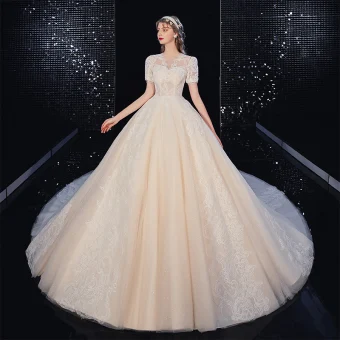 High End Ivory Lace Flower Wedding Dresses 2020 Ball Gown Scoop Neck Beading Pearl Short Sleeve Covered Button Cathedral Train