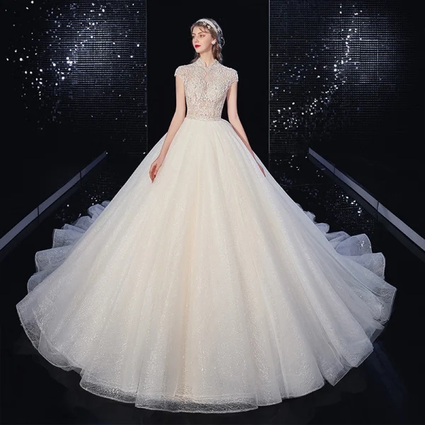 Chinese style Ivory Beading Wedding Dresses 2020 Ball Gown Scoop Neck Pearl Rhinestone Short Sleeve Backless Cathedral Train Chinese style Ivory Beading Wedding Dresses 2020 Ball Gown Scoop Neck Pearl Rhinestone Short Sleeve Backless Cathedral Train
