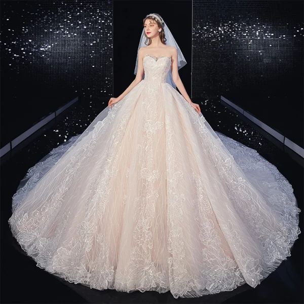 Charming Ivory Lace Flower Wedding Dresses 2020 Ball Gown Strapless Sequins Sleeveless Backless Royal Train