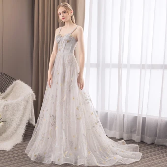 Élégant Gris Robe De Soirée 2018 Princesse En Dentelle Étoile Perlage Bretelles Spaghetti Dos Nu Sans Manches Train De Balayage Robe De Ceremonie