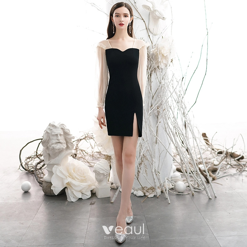Sexy Black Party Dresses 2020 Square Neckline Long Sleeve Backless Short  Formal Dresses