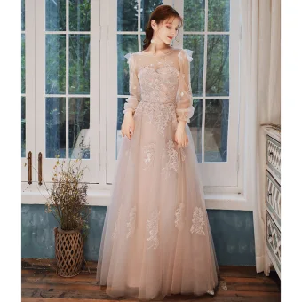 Élégant Perle Rose Robe De Soirée 2020 Princesse Encolure Dégagée Perlage Paillettes En Dentelle Fleur Manches Longues Dos Nu Longue Robe De Ceremonie
