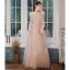Elegant Pearl Pink Evening Dresses  2020 A-Line / Princess Scoop Neck Beading Sequins Lace Flower Long Sleeve Backless Floor-Length / Long Formal Dresses