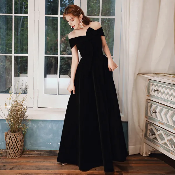 Chic / Beautiful Black Evening Dresses  2020 A-Line / Princess Suede Off-The-Shoulder Bow Sleeveless Backless Floor-Length / Long Formal Dresses