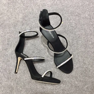 Sexy Noire Cocktail Sandales Femme 2020 Faux Diamant 10 Cm Talons Aiguilles Peep Toes Bout Ouvert Sandales