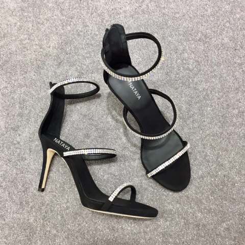 Sexy Black Cocktail Party Womens Sandals 2020 Rhinestone 10 cm Stiletto Heels Open / Peep Toe Sandals