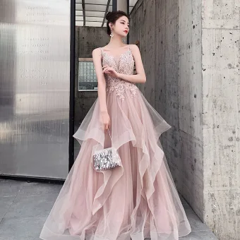 Charming Blushing Pink Evening Dresses A Line Princess 2020 Spaghetti Straps Beading Lace Flower Sleeveless Backless Cascading Ruffles Floor Length Long Formal Dresses