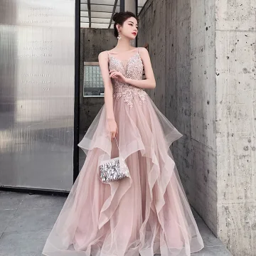 Charming Blushing Pink Evening Dresses A Line Princess 2020 Spaghetti Straps Beading Lace Flower Sleeveless Backless Cascading Ruffles Floor Length Long Formal Dresses