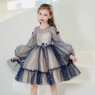 Mode Océan Bleu Courte Anniversaire Robe Ceremonie Fille 2021 Robe Boule Encolure Dégagée Étoile Faux Diamant Paillettes Manches Longues
