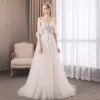 Chic / Beautiful Champagne Beach Wedding Dresses 2018 A-Line / Princess Lace Scoop Neck Backless Sleeveless Sweep Train Wedding