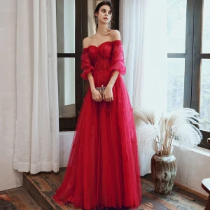 Charmant Bordeaux Robe De Soirée 2020 Princesse De L 039 Épaule Perlage Paillettes En Dentelle Fleur 1 2 Manches Dos Nu Longue Robe De Ceremonie
