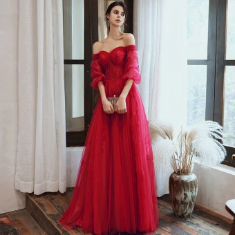 Charmant Bordeaux Robe De Soirée 2020 Princesse De L 039 Épaule Perlage Paillettes En Dentelle Fleur 1 2 Manches Dos Nu Longue Robe De Ceremonie