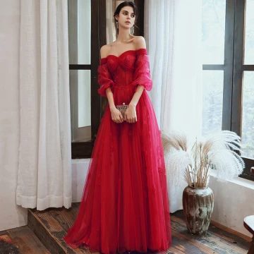 Charmant Bordeaux Robe De Soirée 2020 Princesse De L 039 Épaule Perlage Paillettes En Dentelle Fleur 1 2 Manches Dos Nu Longue Robe De Ceremonie