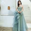 Elegant Mint Green Evening Dresses  2020 A-Line / Princess Strapless Beading Appliques Sleeveless Backless Cascading Ruffles Floor-Length / Long Formal Dresses