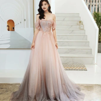 Mode Rougissant Rose Robe De Soirée 2020 Princesse De L 039 Épaule Perlage Paillettes En Dentelle Fleur Sans Manches Dos Nu Train De Balayage Robe De Ceremonie