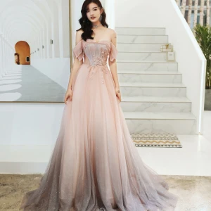 Mode Rosa Abendkleider 2020 A Linie Off Shoulder Perlenstickerei Pailletten Spitze Blumen Ärmellos Rückenfreies Sweep Pinsel Zug Festliche Kleider