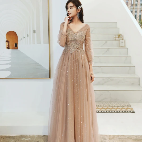long sleeve champagne evening dress Sleek Long Formal Dress with Long Sleeves main image 0