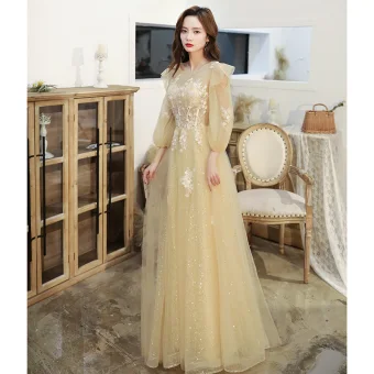 Chic Beautiful Yellow Prom Dresses 2020 A Line Princess Scoop Neck Lace Flower Appliques Sequins Long Sleeve Backless Floor Length Long Formal Dresses