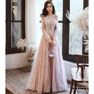 Charmant Rougissant Rose Robe De Soirée 2020 Princesse Encolure Dégagée Perlage Paillettes En Dentelle Fleur Manches Longues Dos Nu Longue Robe De Ceremonie