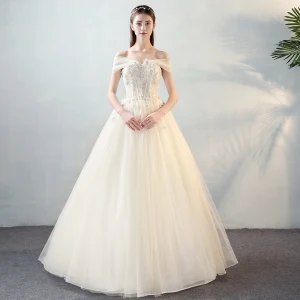 Chic Belle Ivoire Robe De Mariée 2018 Princesse En Dentelle Appliques Perle Noeud De L Épaule Dos Nu Longue Mariage