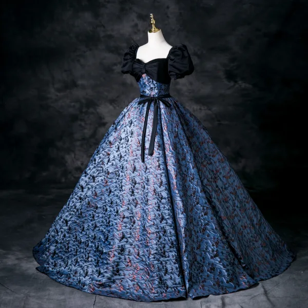 Vintage / Retro Navy Blue Printing Prom Dresses 2025 Ball Gown Square Neckline Puffy Short Sleeve Bow Sash Backless Floor-Length / Long Prom Formal Dresses