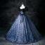 Vintage / Retro Navy Blue Printing Prom Dresses 2025 Ball Gown Square Neckline Puffy Short Sleeve Bow Sash Backless Floor-Length / Long Prom Formal Dresses