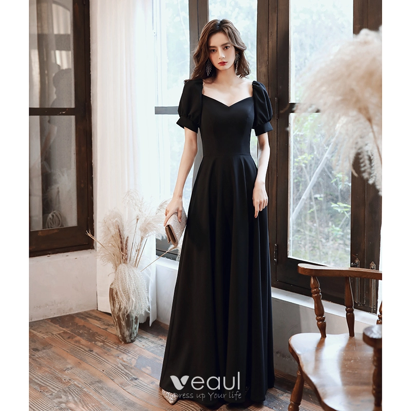 Modest / Simple Black Pearl Prom Dresses 2023 A-Line / Princess  One-Shoulder Short Sleeve Backless Floor-