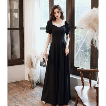 Simple Noire Robe De Soirée 2020 Princesse Encolure Carrée Manches Courtes Dos Nu Longue Robe De Ceremonie