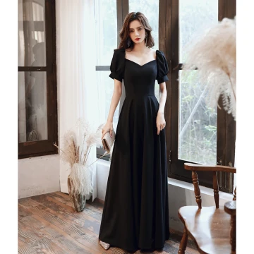 Modest Simple Black Evening Dresses 2020 A Line Princess Square Neckline Short Sleeve Backless Floor Length Long Formal Dresses