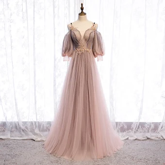 Charming Blushing Pink Evening Dresses 2020 A Line Princess Spaghetti Straps Beading Sequins Lace Flower 3 4 Sleeve Backless Floor Length Long Formal Dresses