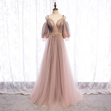 Charming Blushing Pink Evening Dresses 2020 A Line Princess Spaghetti Straps Beading Sequins Lace Flower 3 4 Sleeve Backless Floor Length Long Formal Dresses
